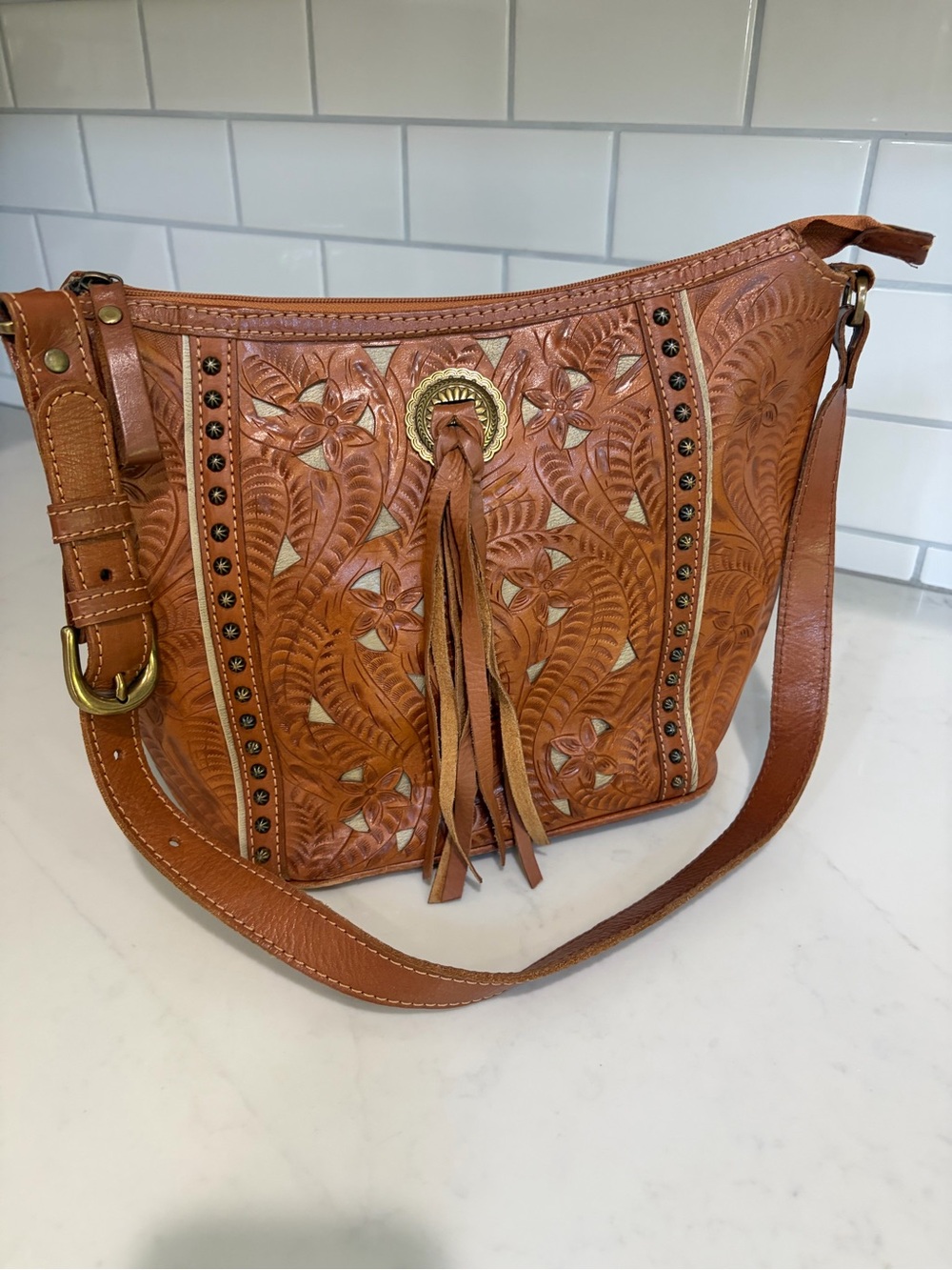 American West Tooled Leather Western Shoulder Bag